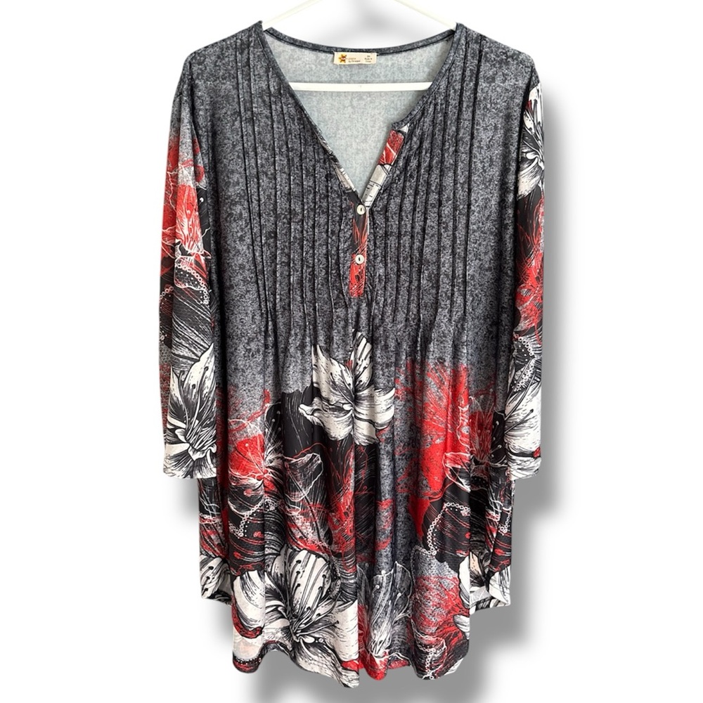 Vintage Red & Grey Floral V-Neck Buttoned Women's Top